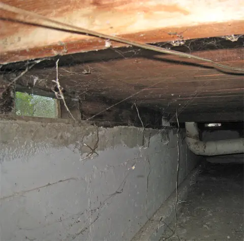 Inside an unsealed crawl space: a concrete foundation wall with a screened vent near the top, floor joists above and pipes running along the far wall
