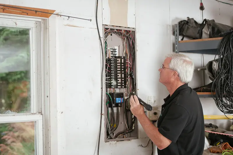 An electrician examining an open residential breaker panel on a wall