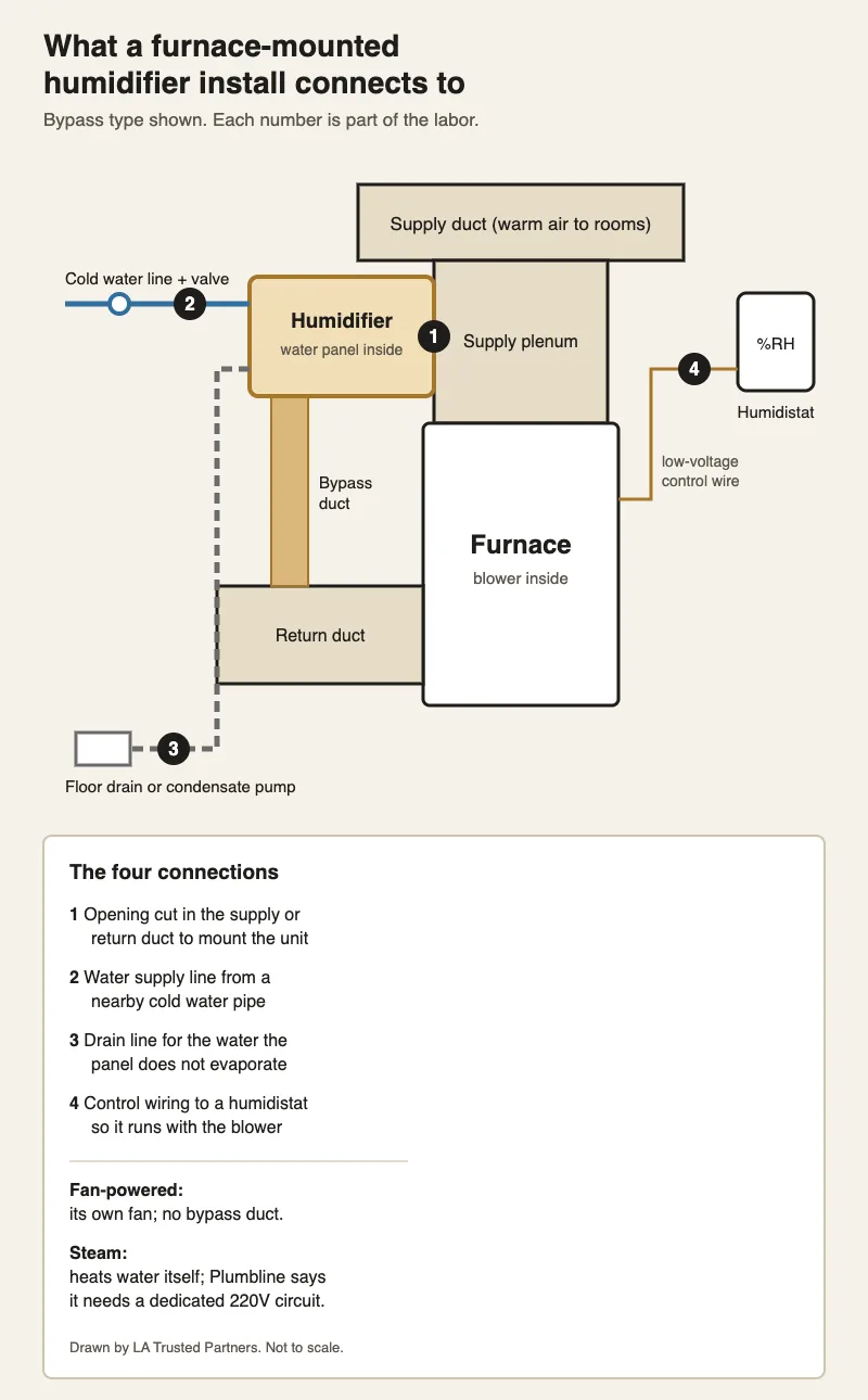 Diagram of a bypass humidifier mounted on a furnace's supply plenum. Four numbered connections: 1, the opening cut in the supply or return duct; 2, a water supply line from a nearby cold water pipe with a valve; 3, a drain line to a floor drain or condensate pump; 4, low-voltage control wiring from a wall humidistat to the furnace. A bypass duct runs from the humidifier down to the return duct. Notes: a fan-powered unit has its own fan and no bypass duct; a steam unit heats water itself and, per Plumbline, needs a dedicated 220V circuit.