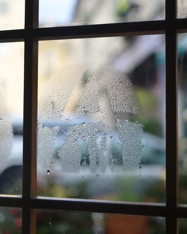 Water droplets and fog on the inside of a multi-pane window, with the street blurred behind the glass