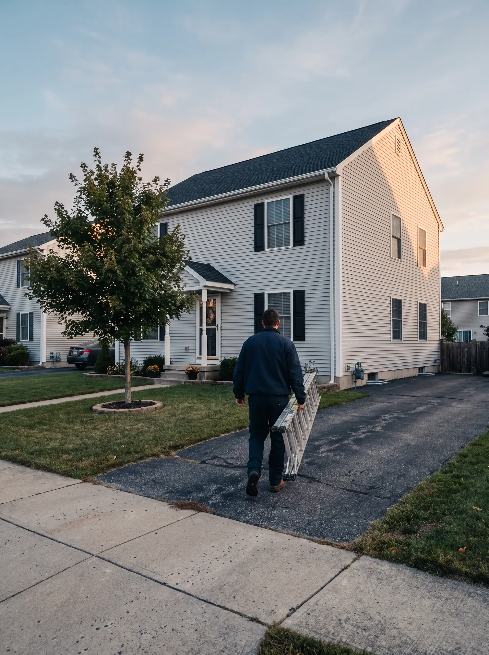 A technician carries a ladder up the driveway of a vinyl-sided New Jersey colonial at sunrise