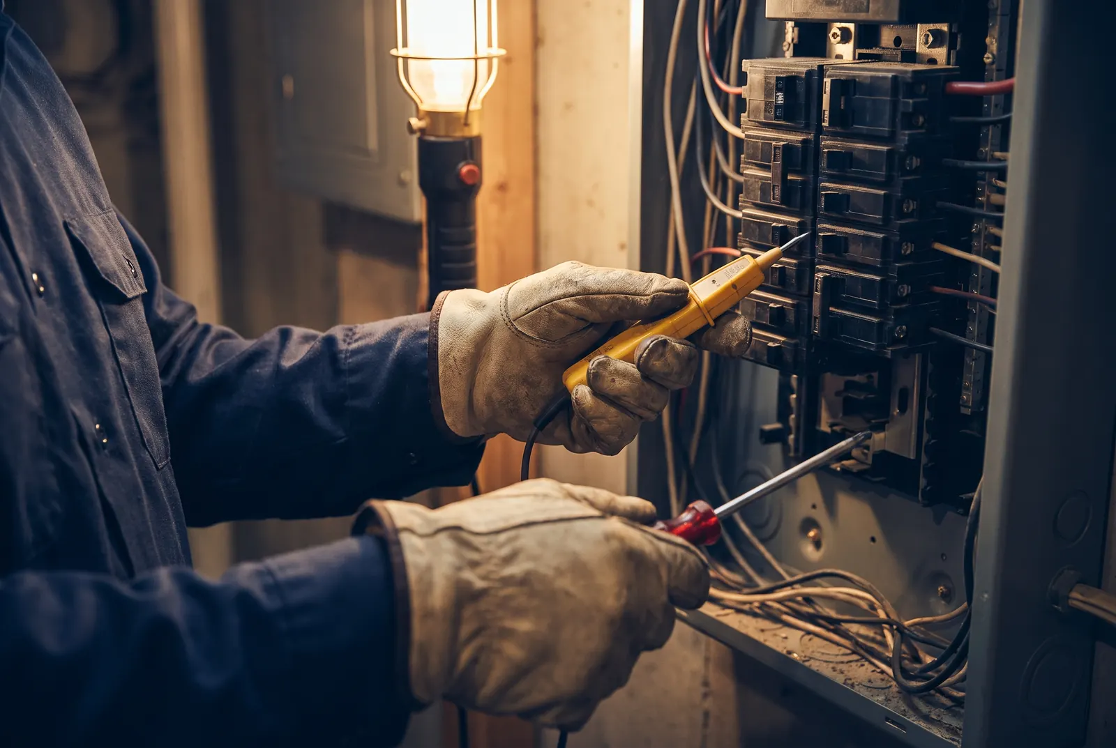 Electrician testing a residential breaker panel