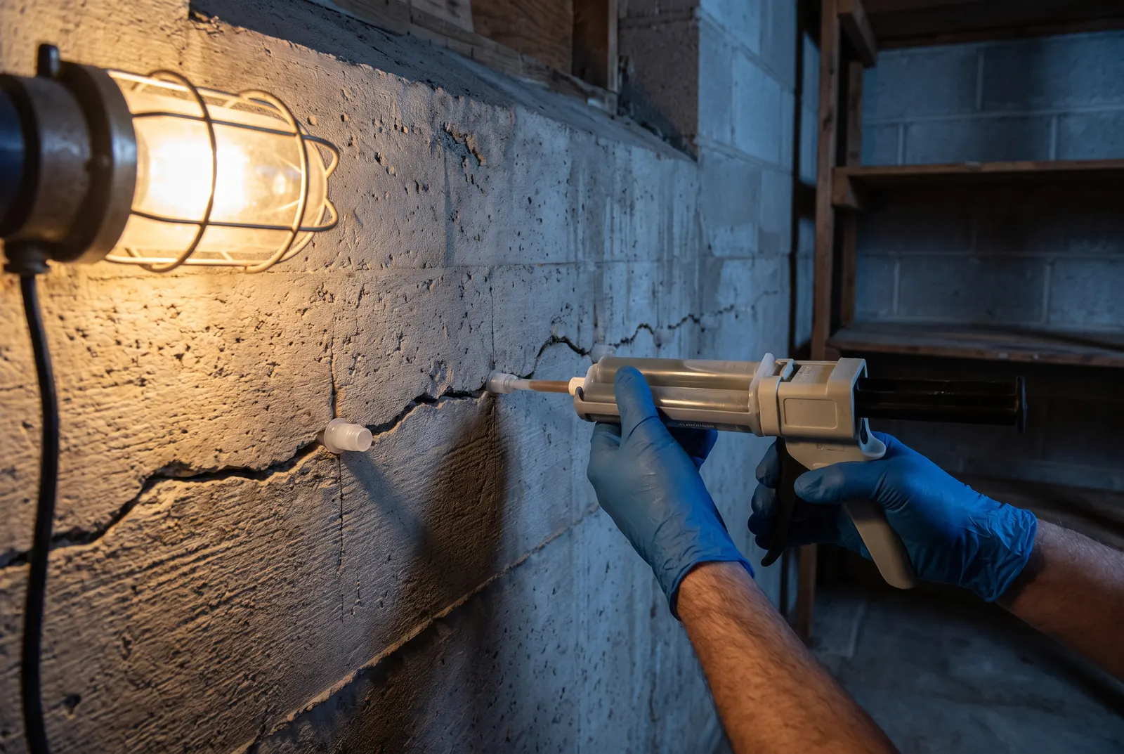 Epoxy injection into a crack in a concrete basement wall