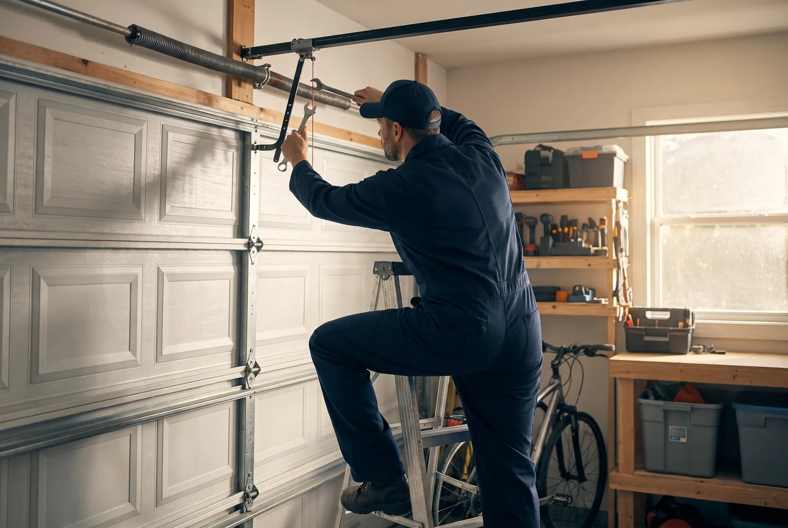 Technician adjusting the torsion spring above a garage door