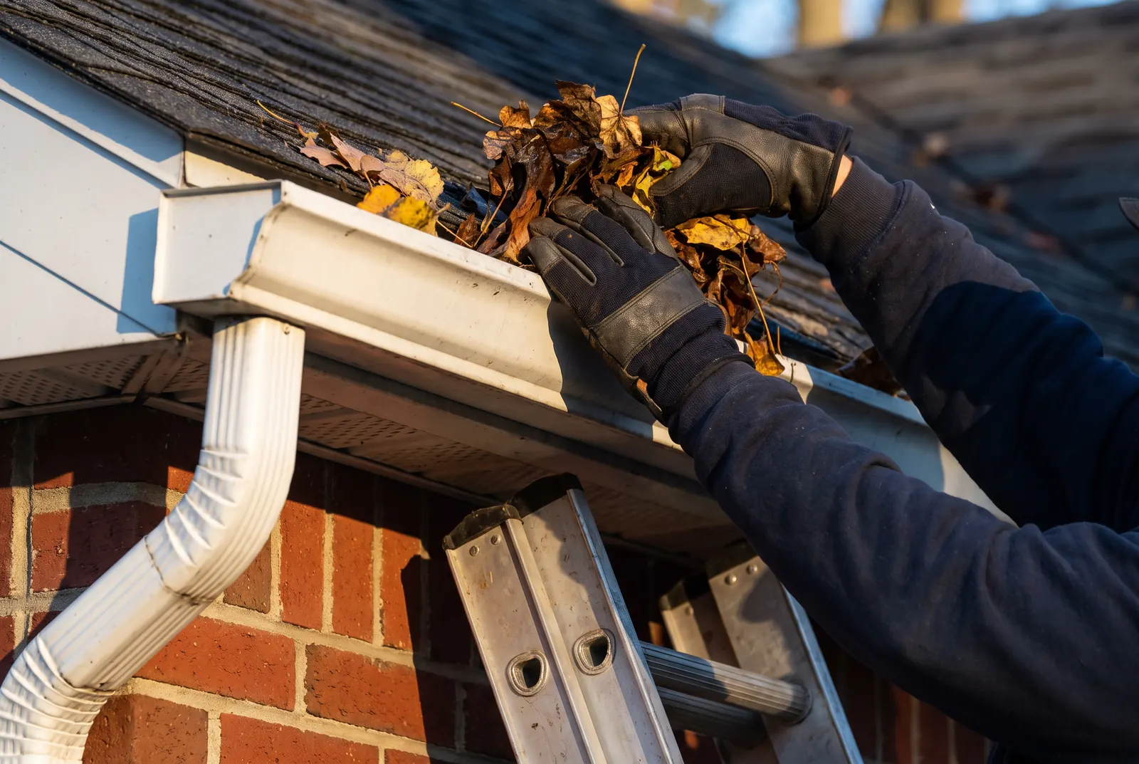 Gloved hands clearing leaves from a gutter