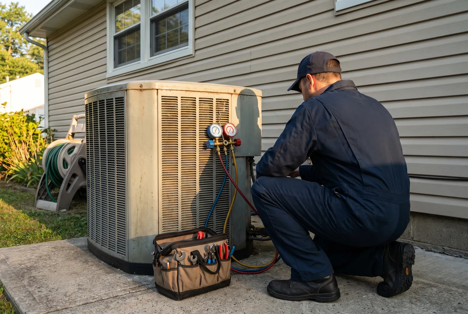 HVAC technician testing an outdoor condenser unit