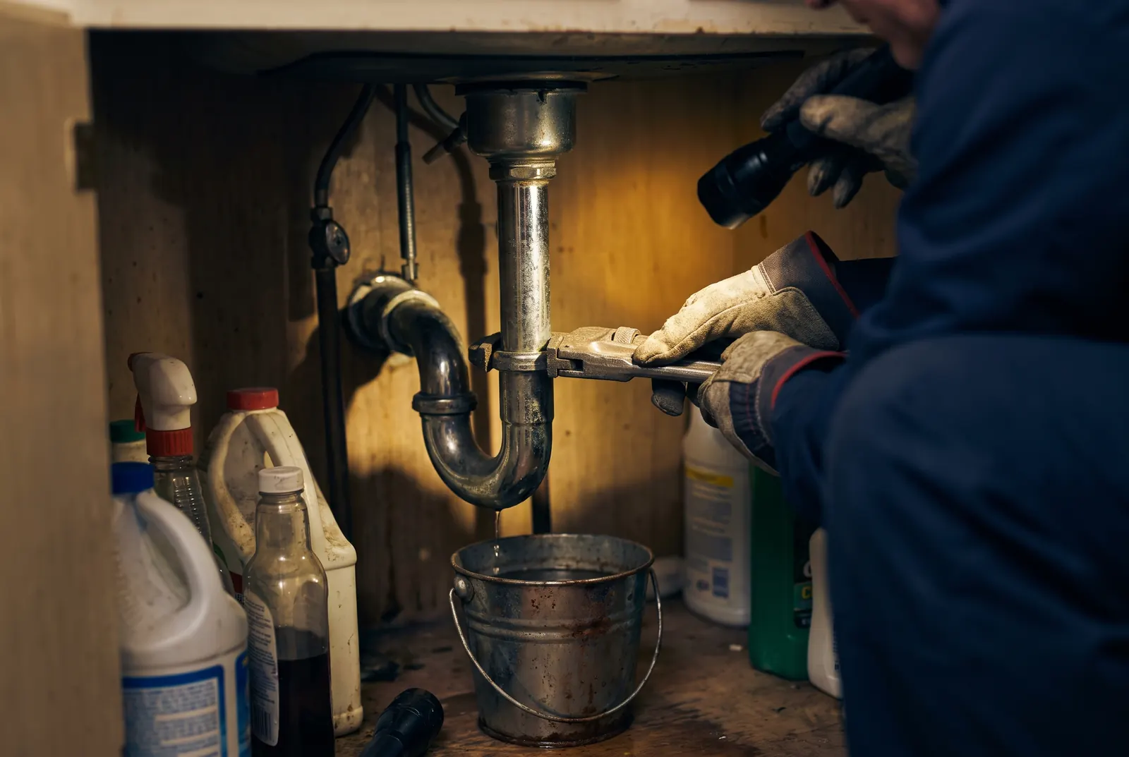Plumber working on the trap under a kitchen sink