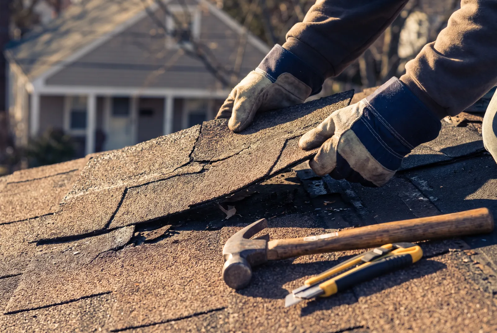 Roofer examining asphalt shingles at the roof edge