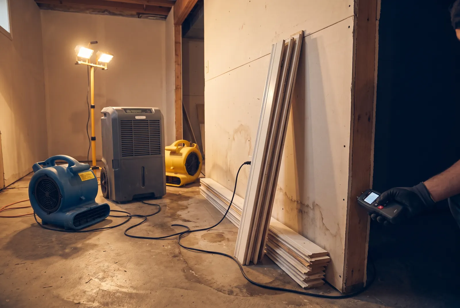 Drying fans and a dehumidifier running in a basement